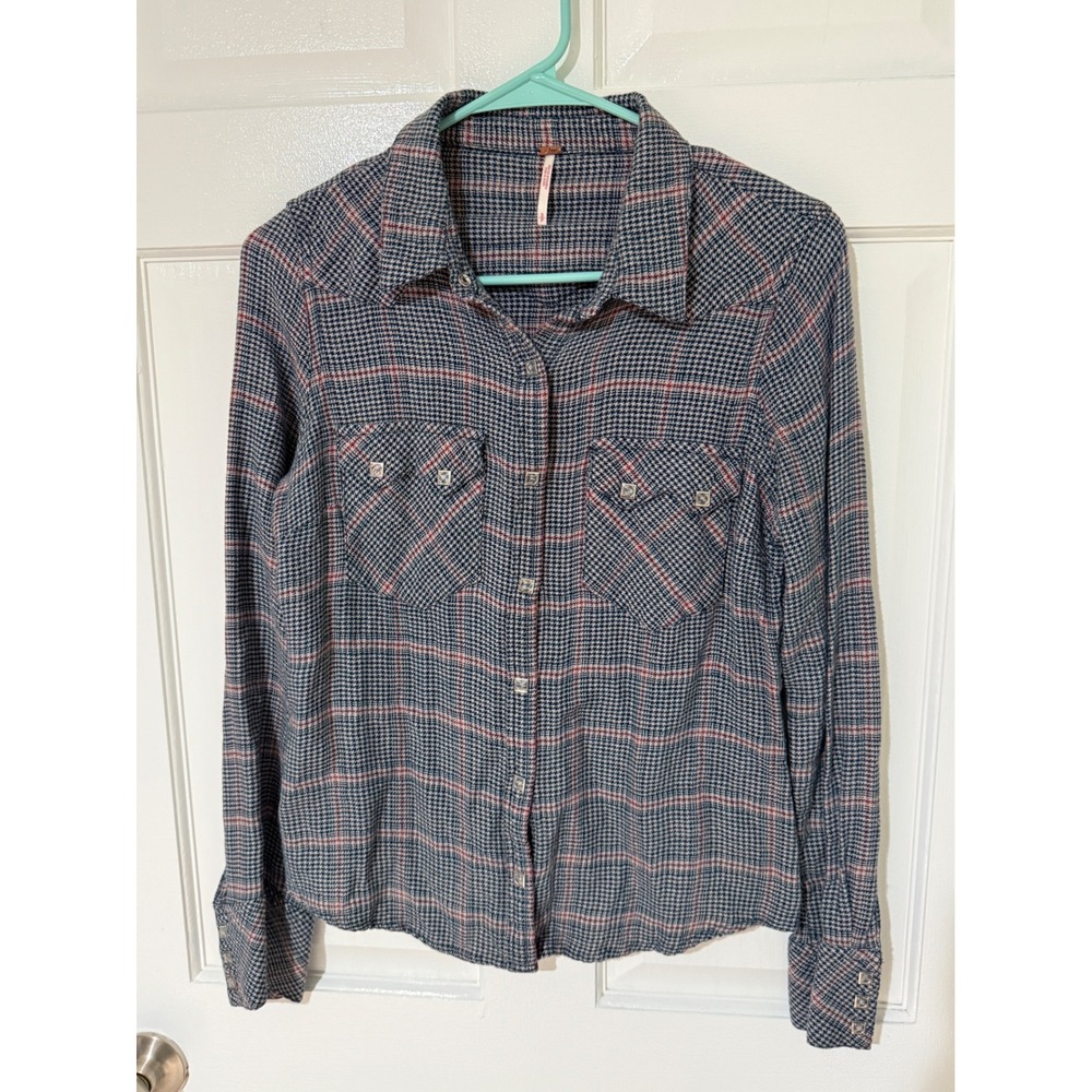Free People Womens Shirt Plaid Button Down Long Sleeve Western Style Blouse Top